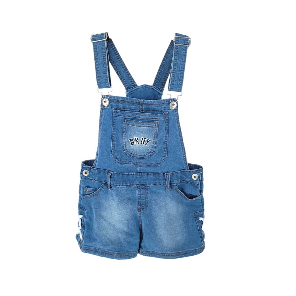 DKNY Overalls Girls 8 Light Wash Stretch Lace Blue Denim Shorts Shortalls
